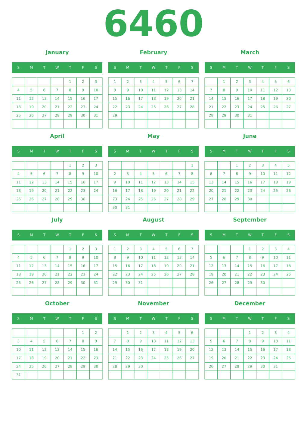 Printable 6460 Year Calendars green