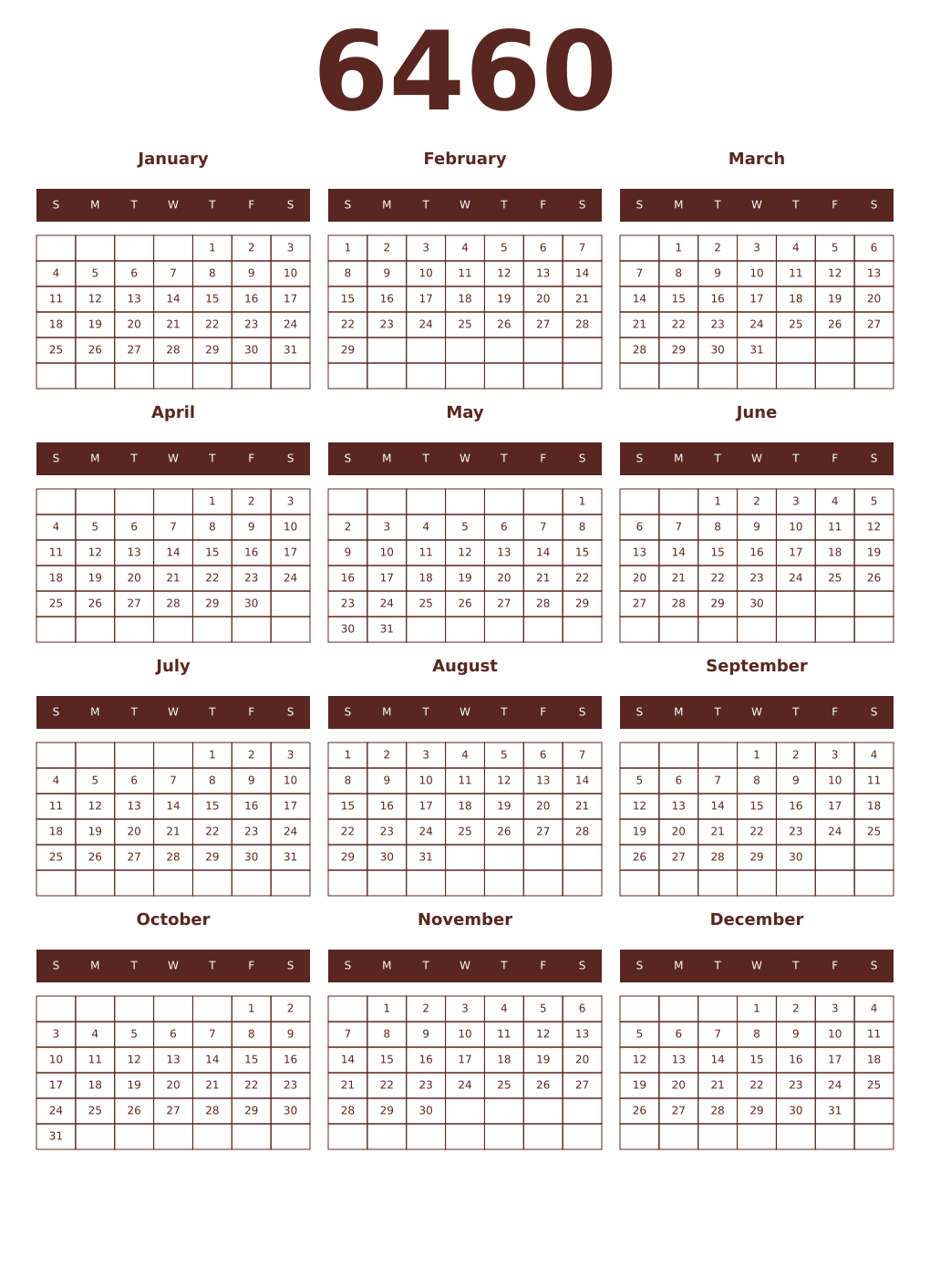 Printable 6460 Year Calendars mortuum