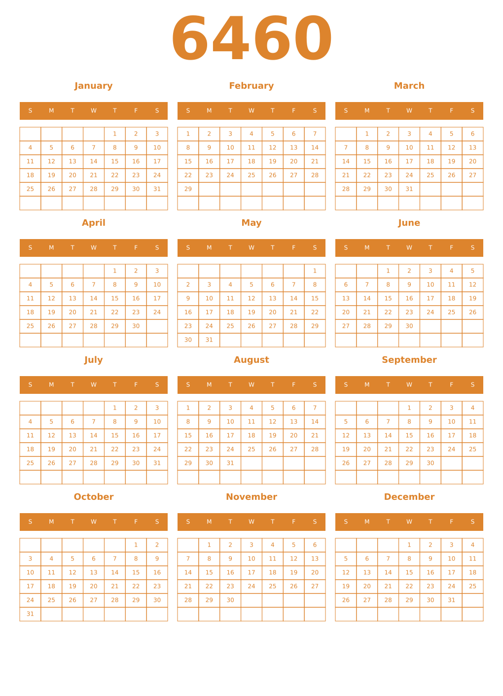 Printable 6460 Year Calendars orange