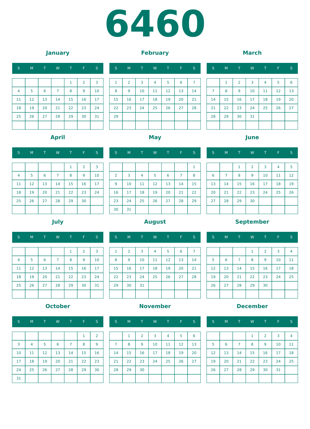 Printable 6460 Year Calendars pastel