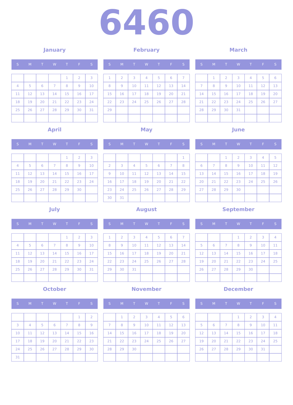 Printable 6460 Year Calendars periwinkle