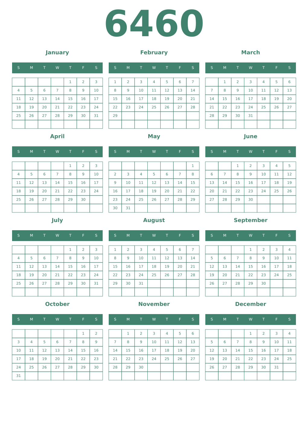 Printable 6460 Year Calendars viridian