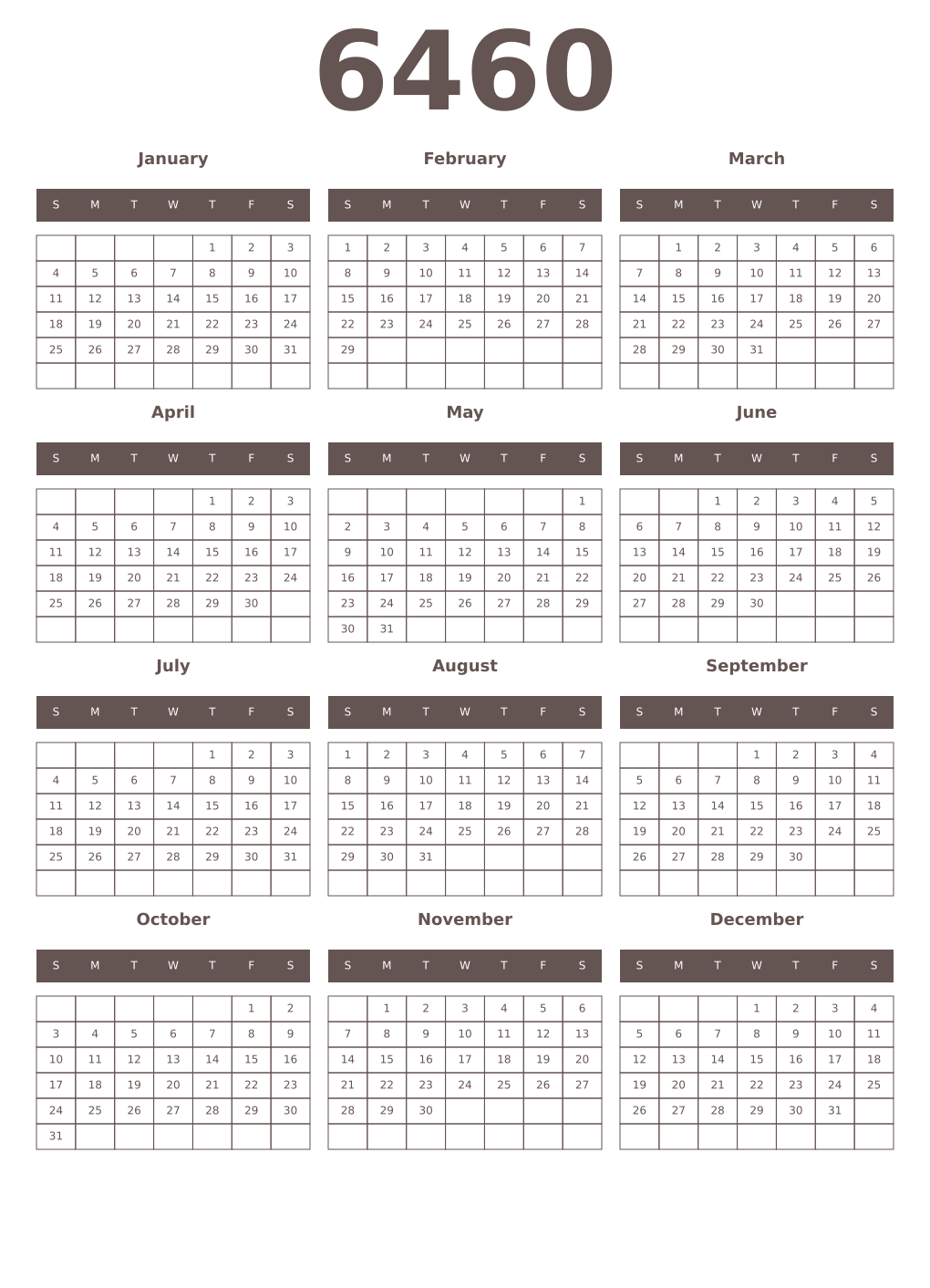 Printable 6460 Year Calendars wenge