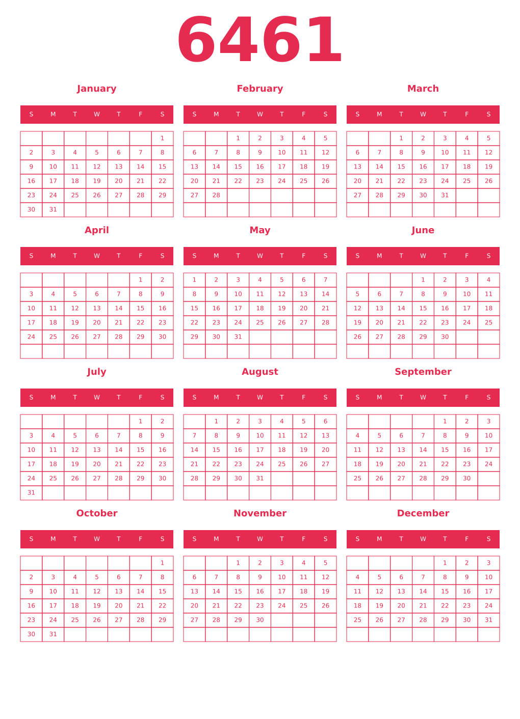 Printable 6461 Year Calendars amaranth