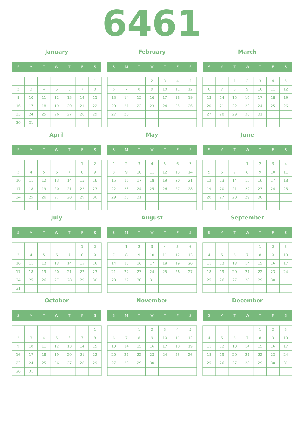 Printable 6461 Year Calendars celadon