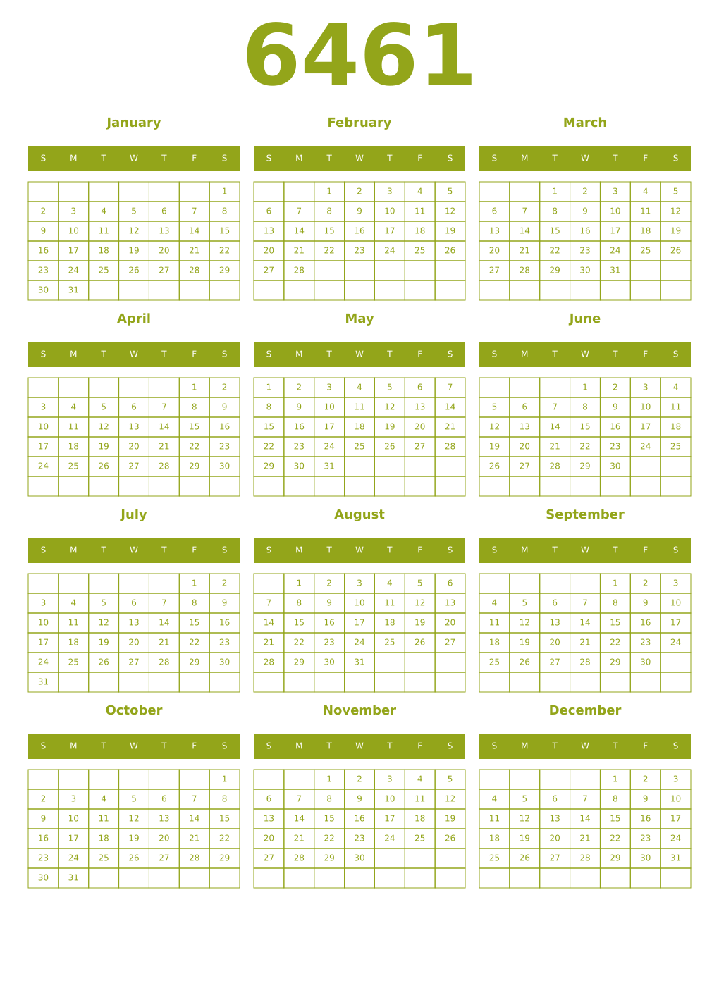 Printable 6461 Year Calendars chartreuse