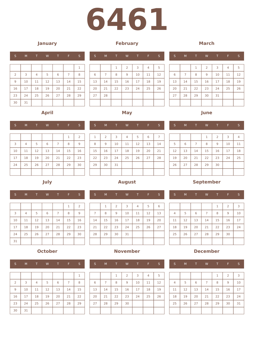 Printable 6461 Year Calendars coffe