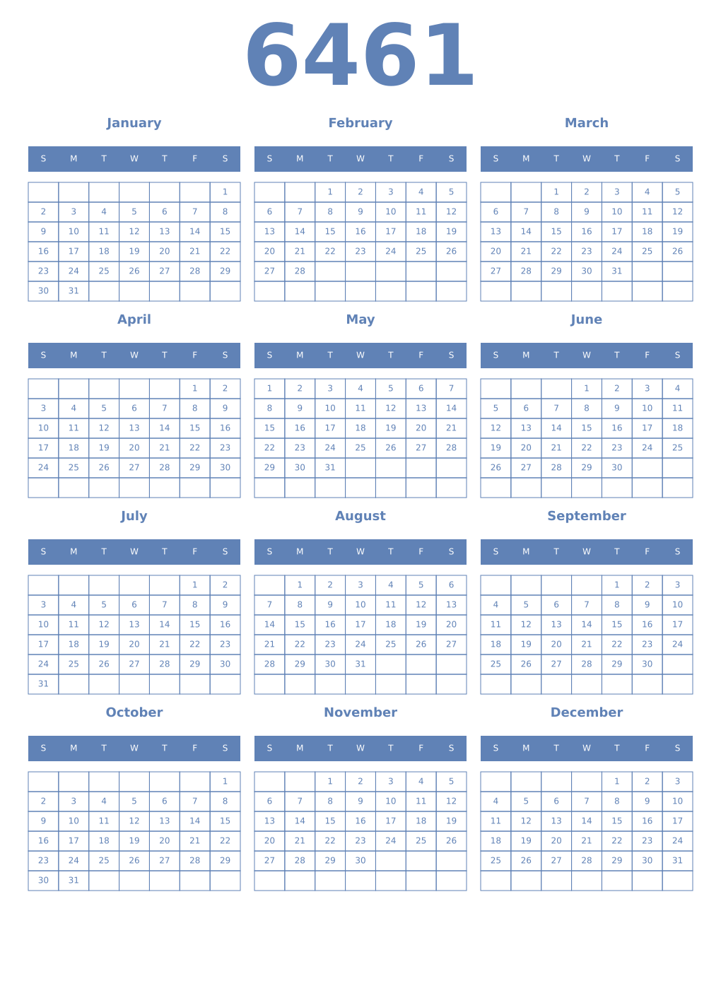 Printable 6461 Year Calendars glaucous