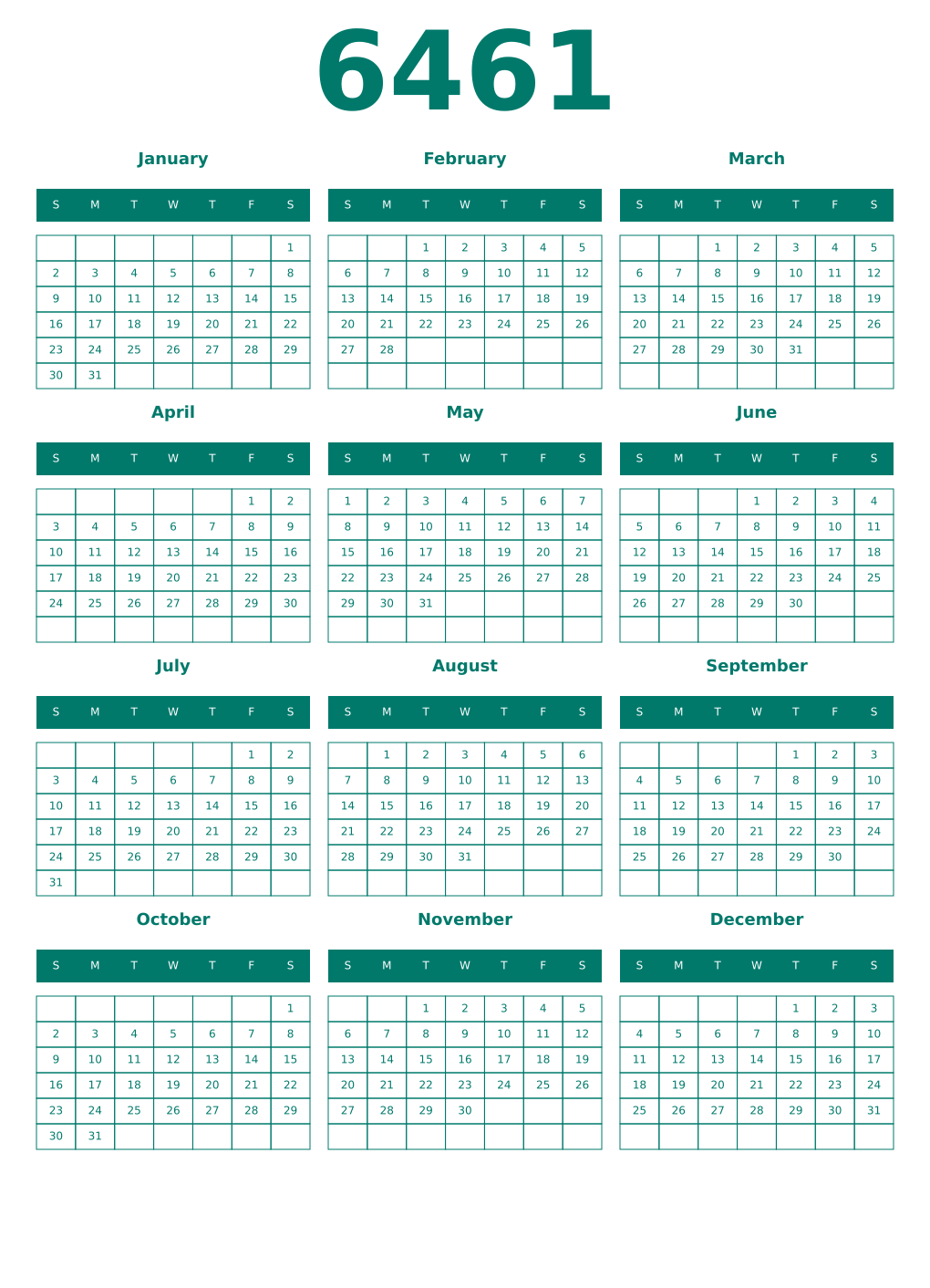 Printable 6461 Year Calendars pastel