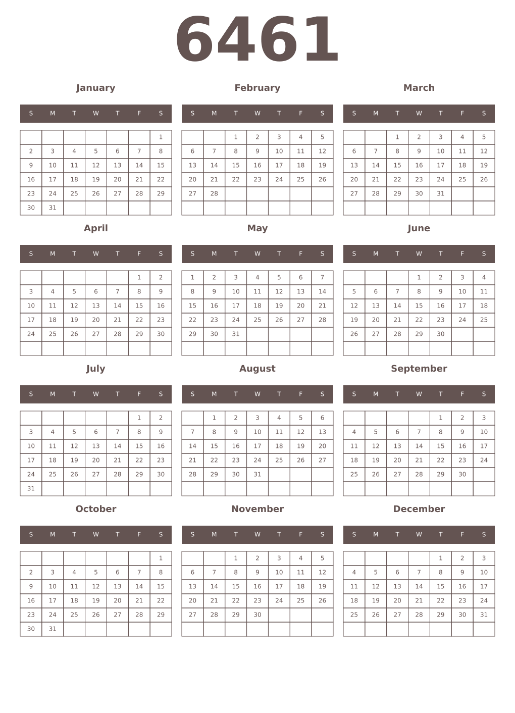 Printable 6461 Year Calendars wenge