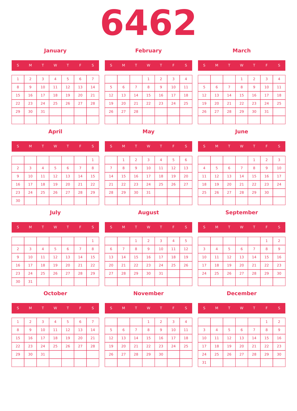 Printable 6462 Year Calendars amaranth