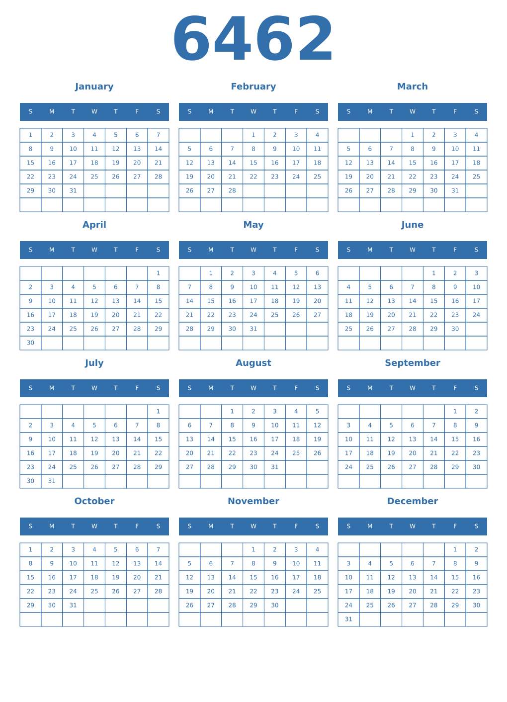 Printable 6462 Year Calendars blue