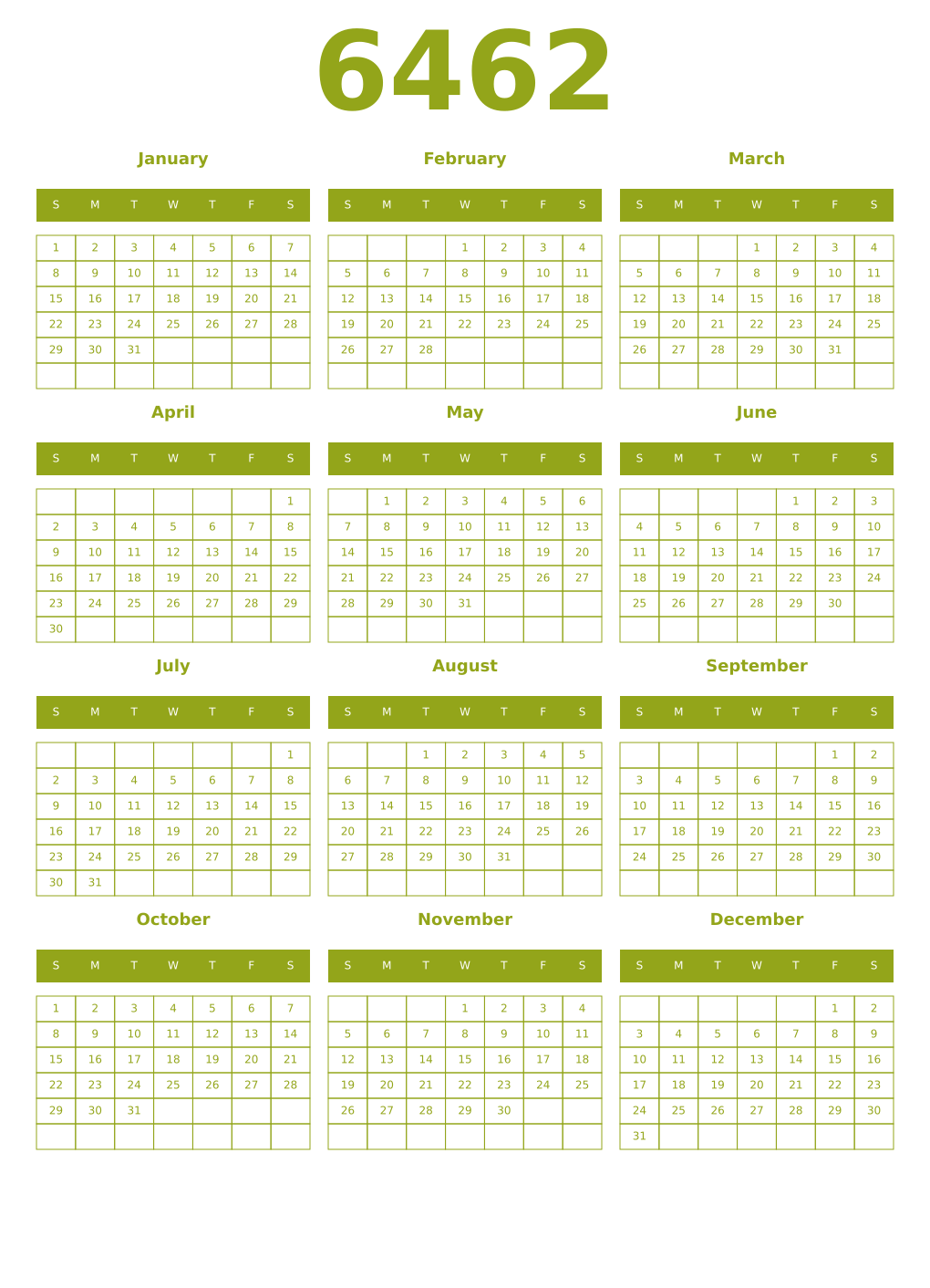 Printable 6462 Year Calendars chartreuse