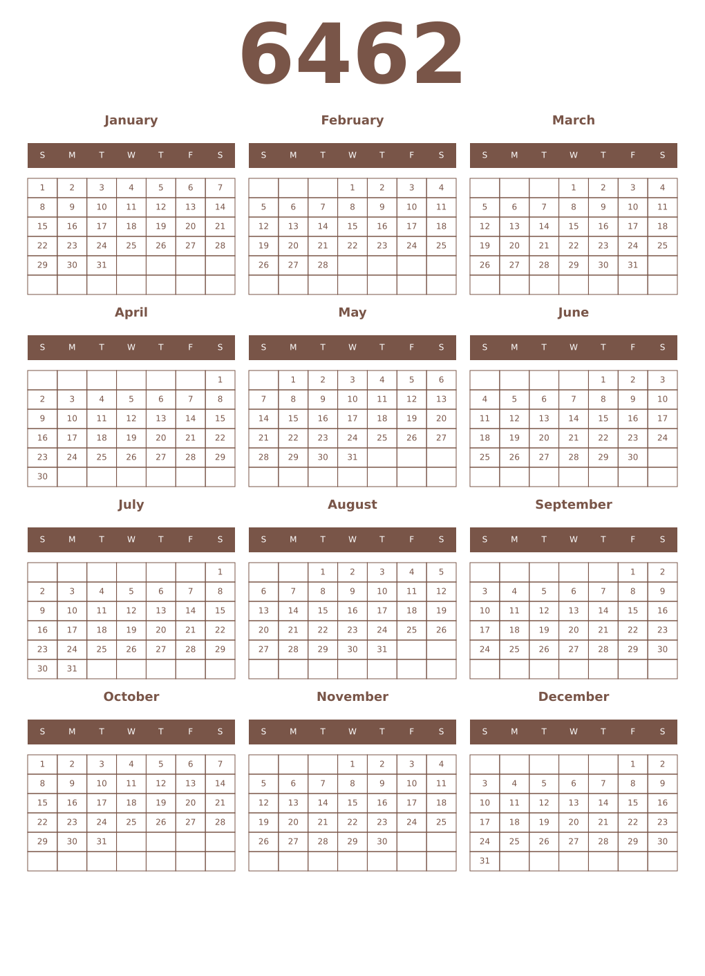 Printable 6462 Year Calendars coffe