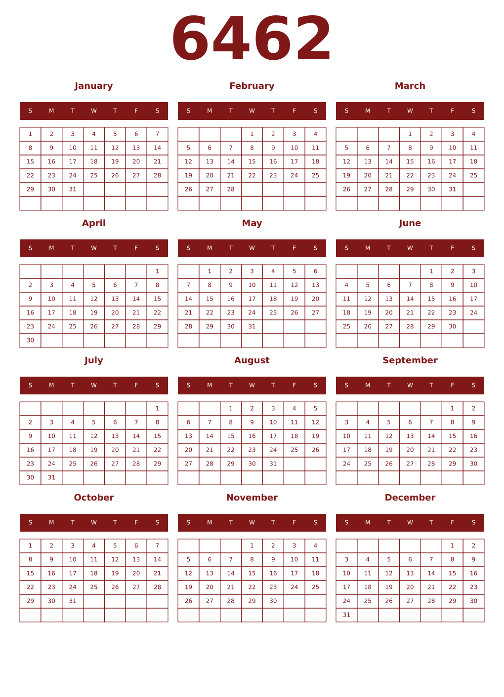 Printable 6462 Year Calendars falu