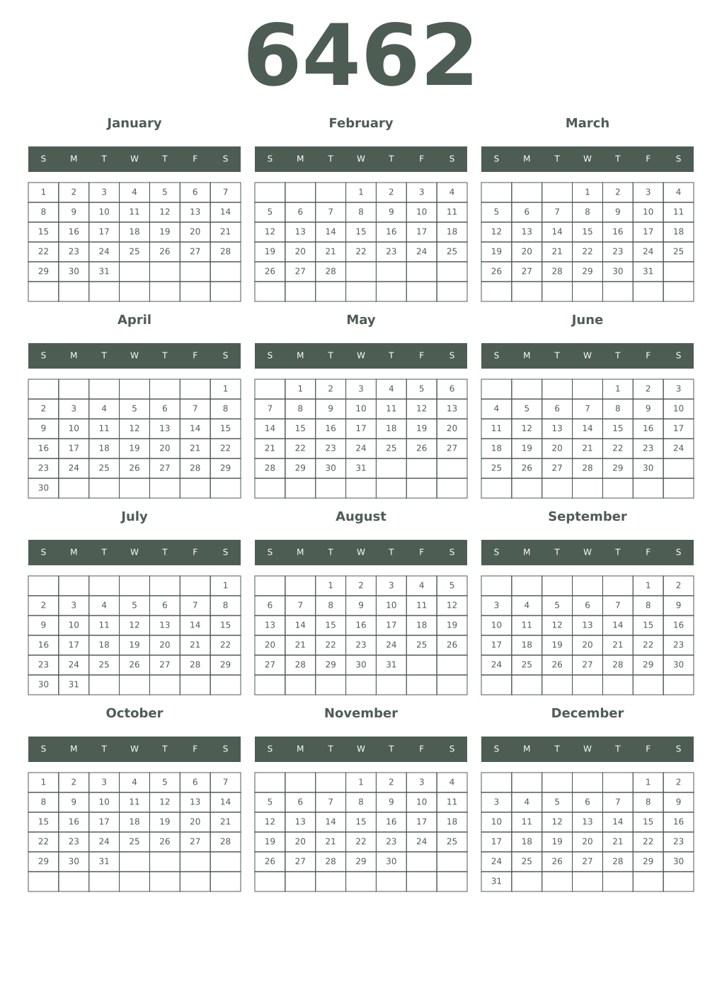 Printable 6462 Year Calendars feldgrau