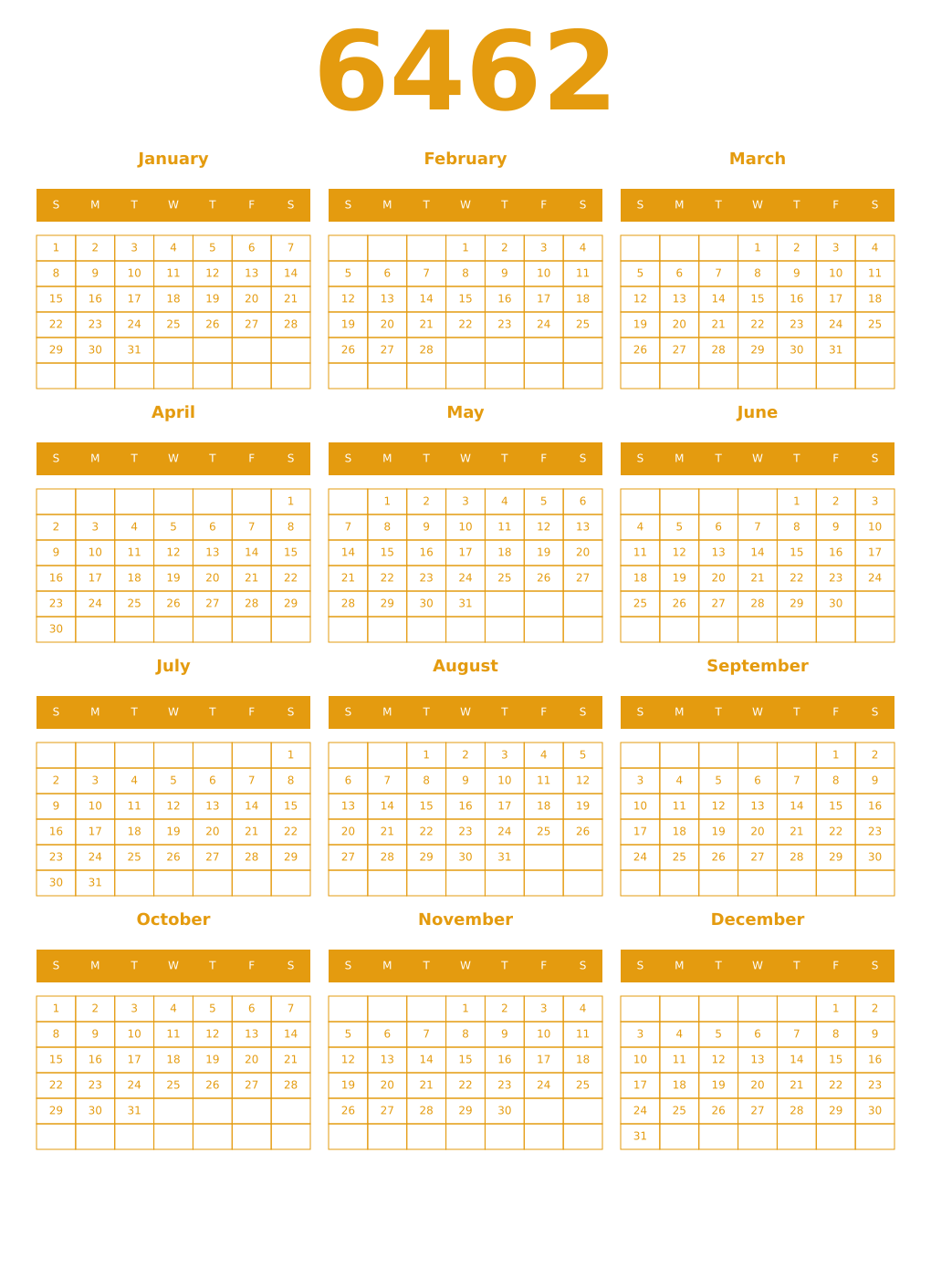 Printable 6462 Year Calendars gamboge
