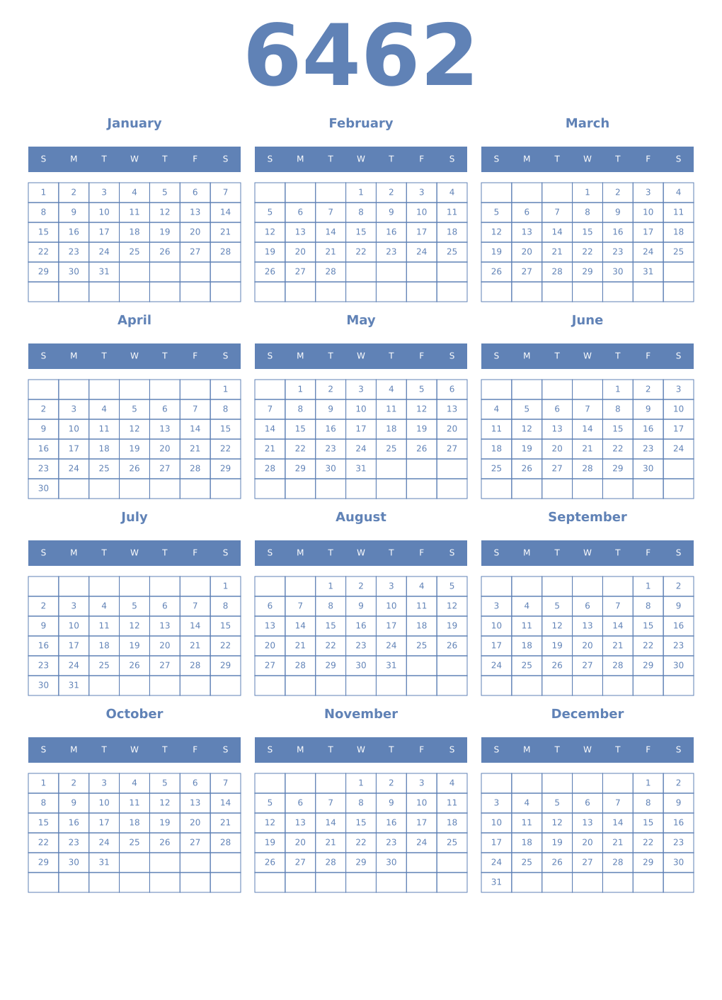 Printable 6462 Year Calendars glaucous