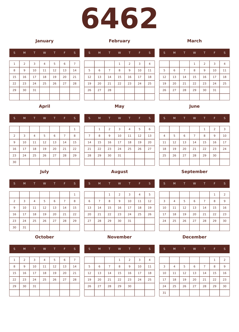 Printable 6462 Year Calendars mortuum