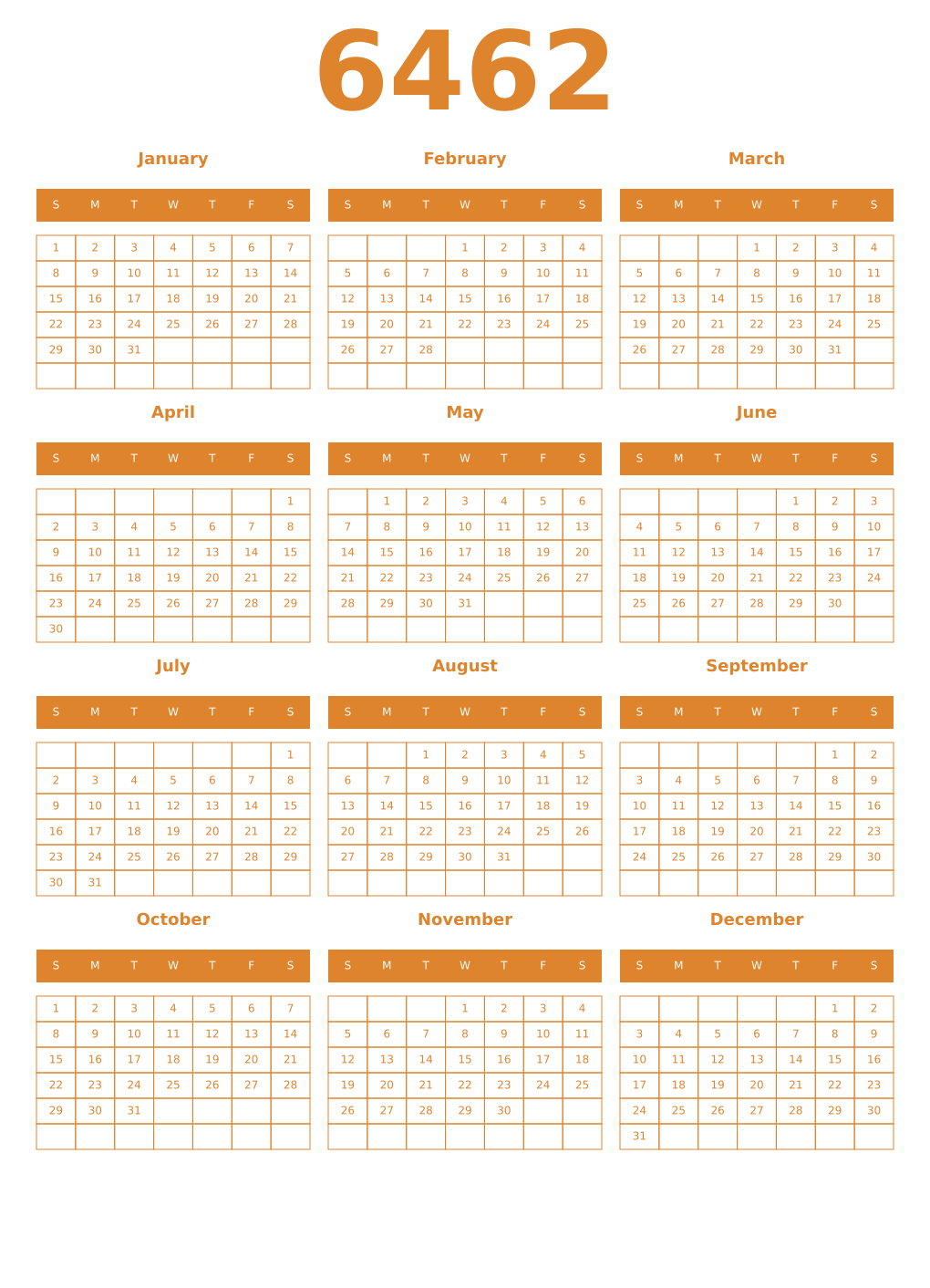 Printable 6462 Year Calendars orange