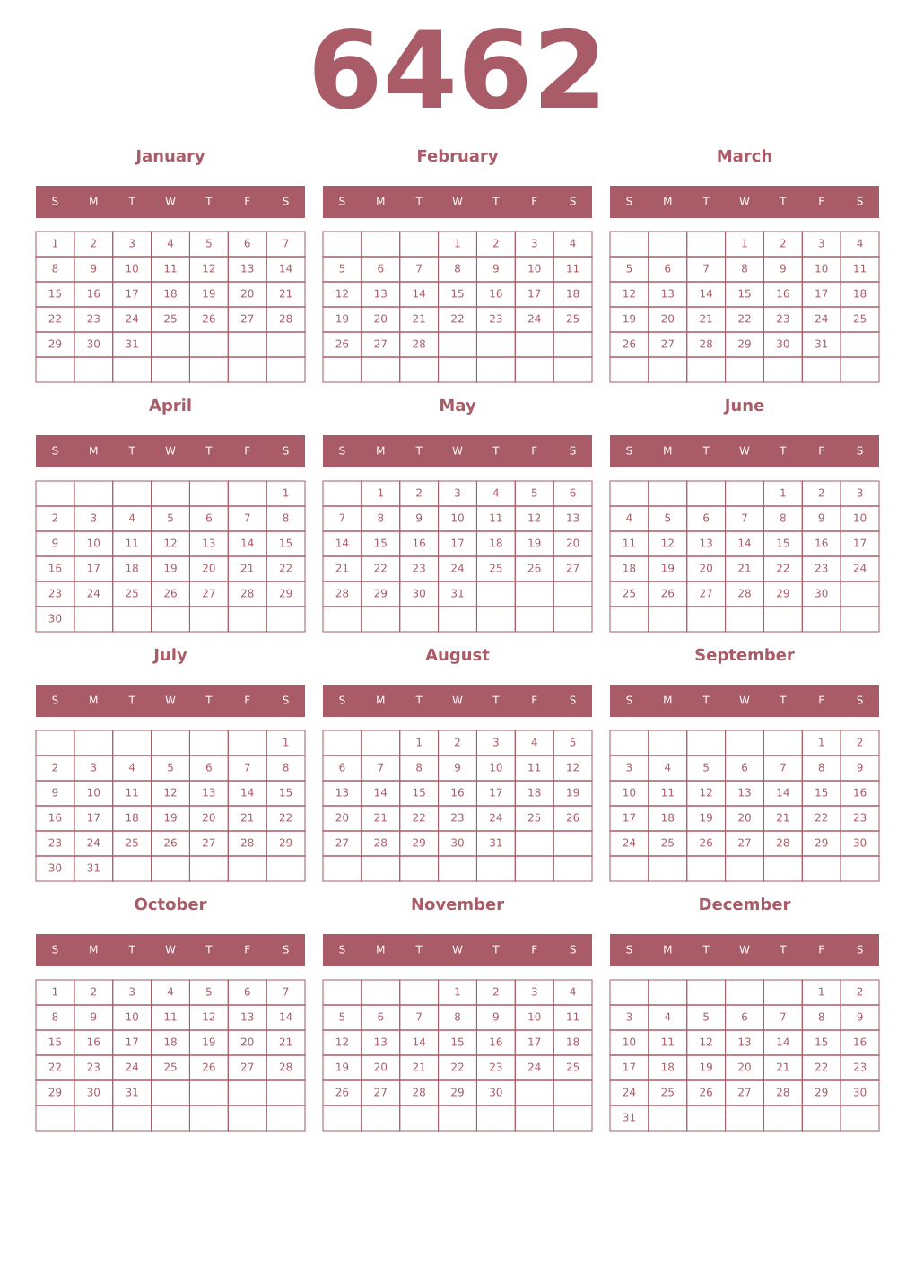 Printable 6462 Year Calendars puce
