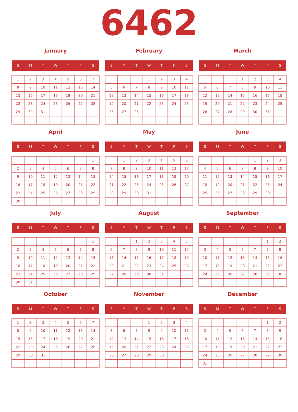 Printable 6462 Year Calendars red