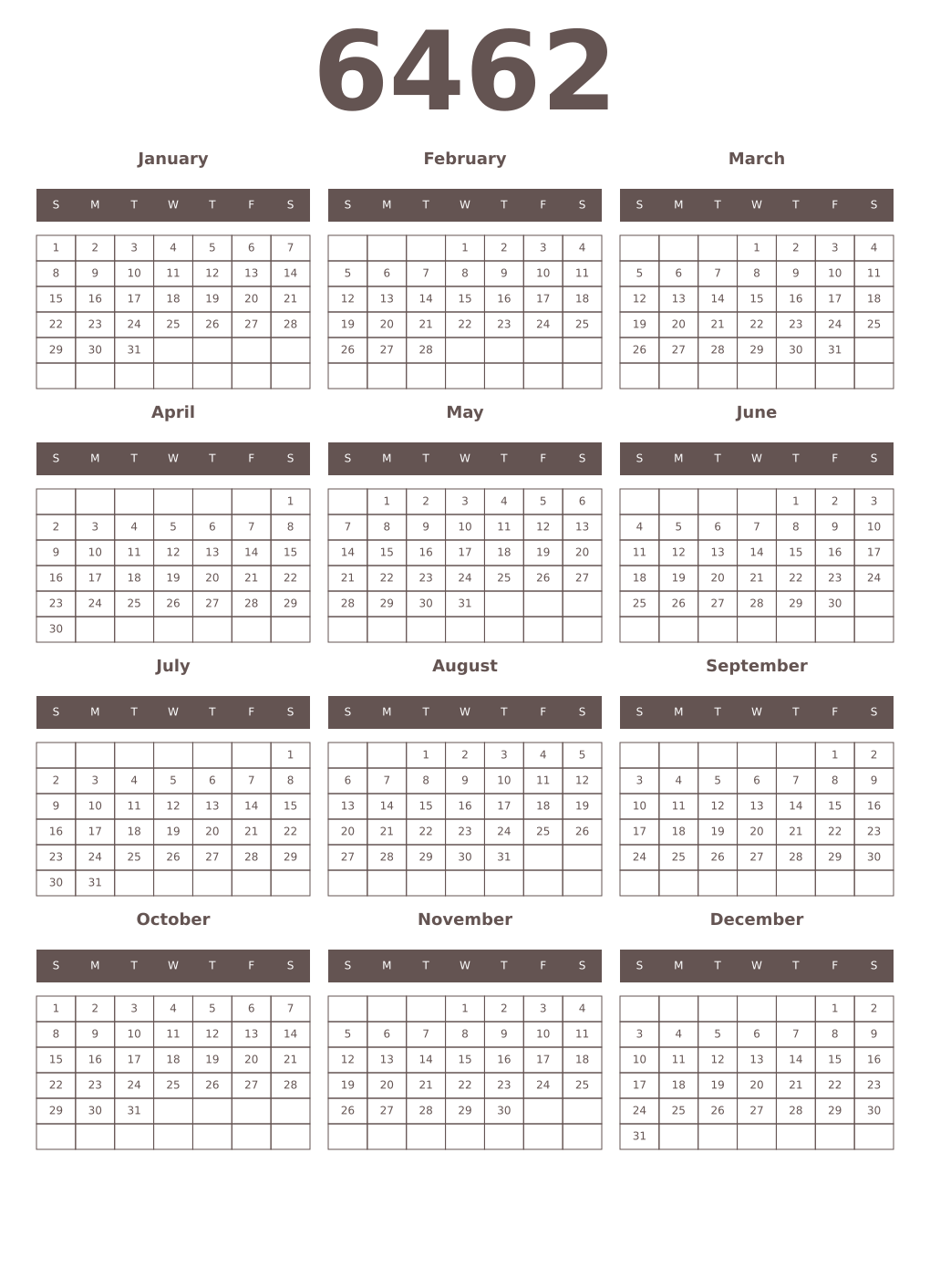 Printable 6462 Year Calendars wenge