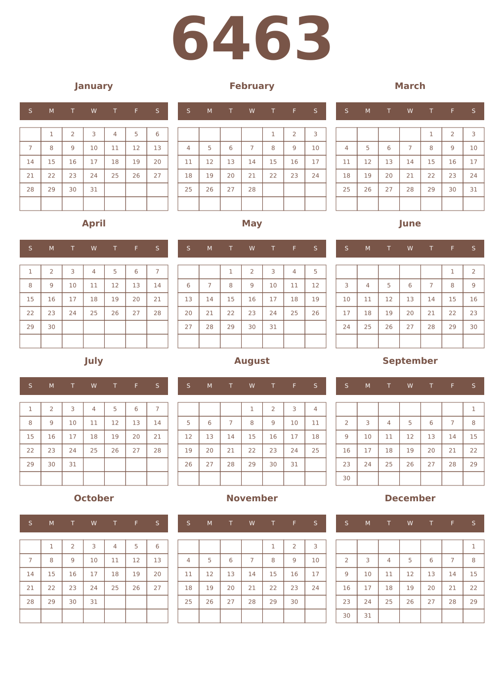 Printable 6463 Year Calendars coffe