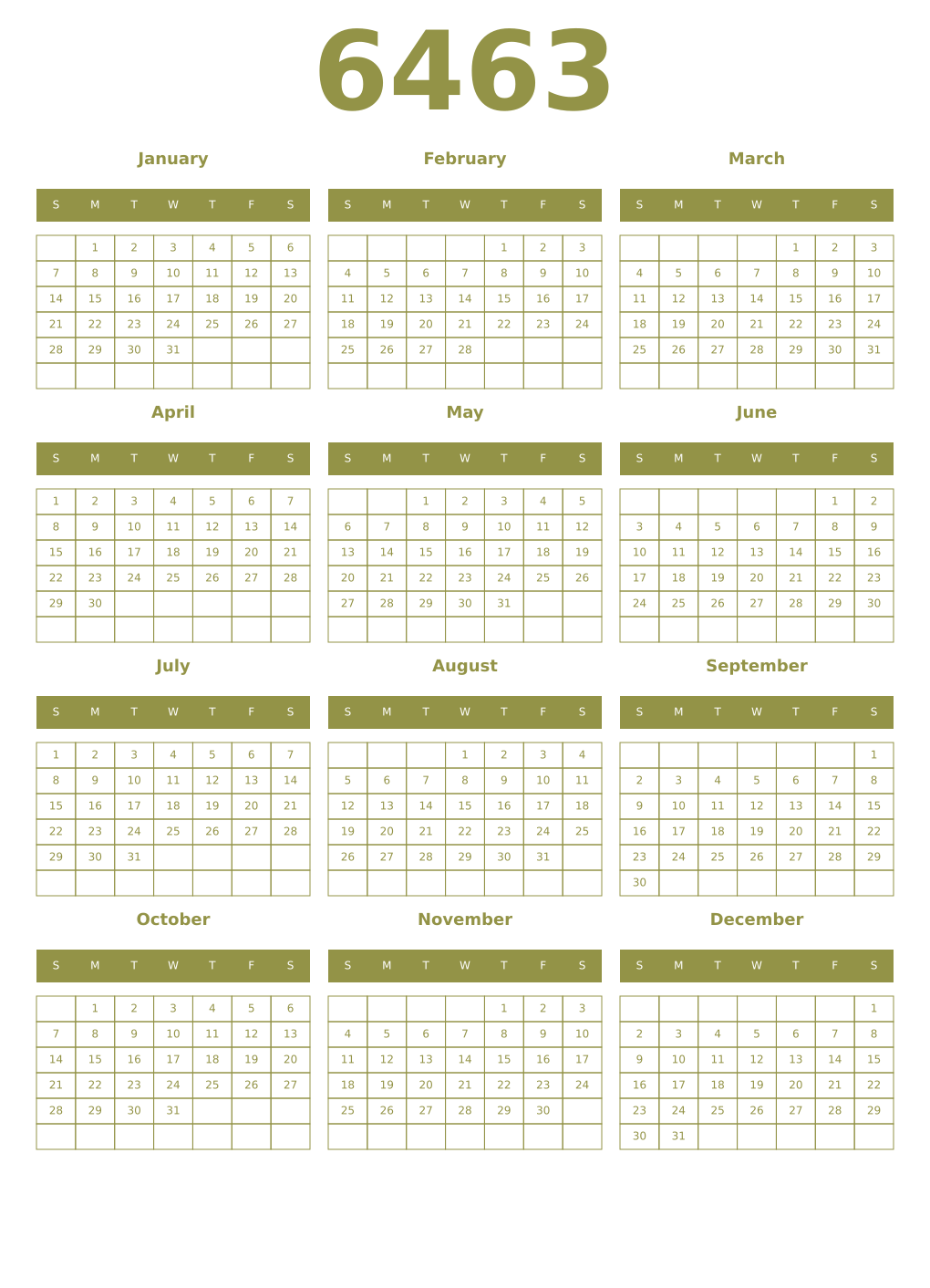 Printable 6463 Year Calendars eburnean