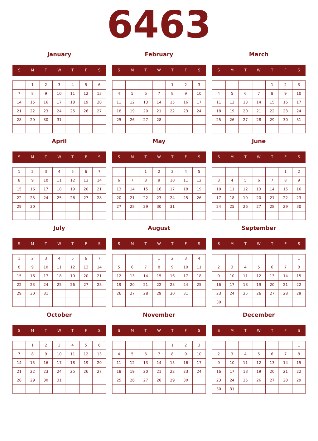 Printable 6463 Year Calendars falu