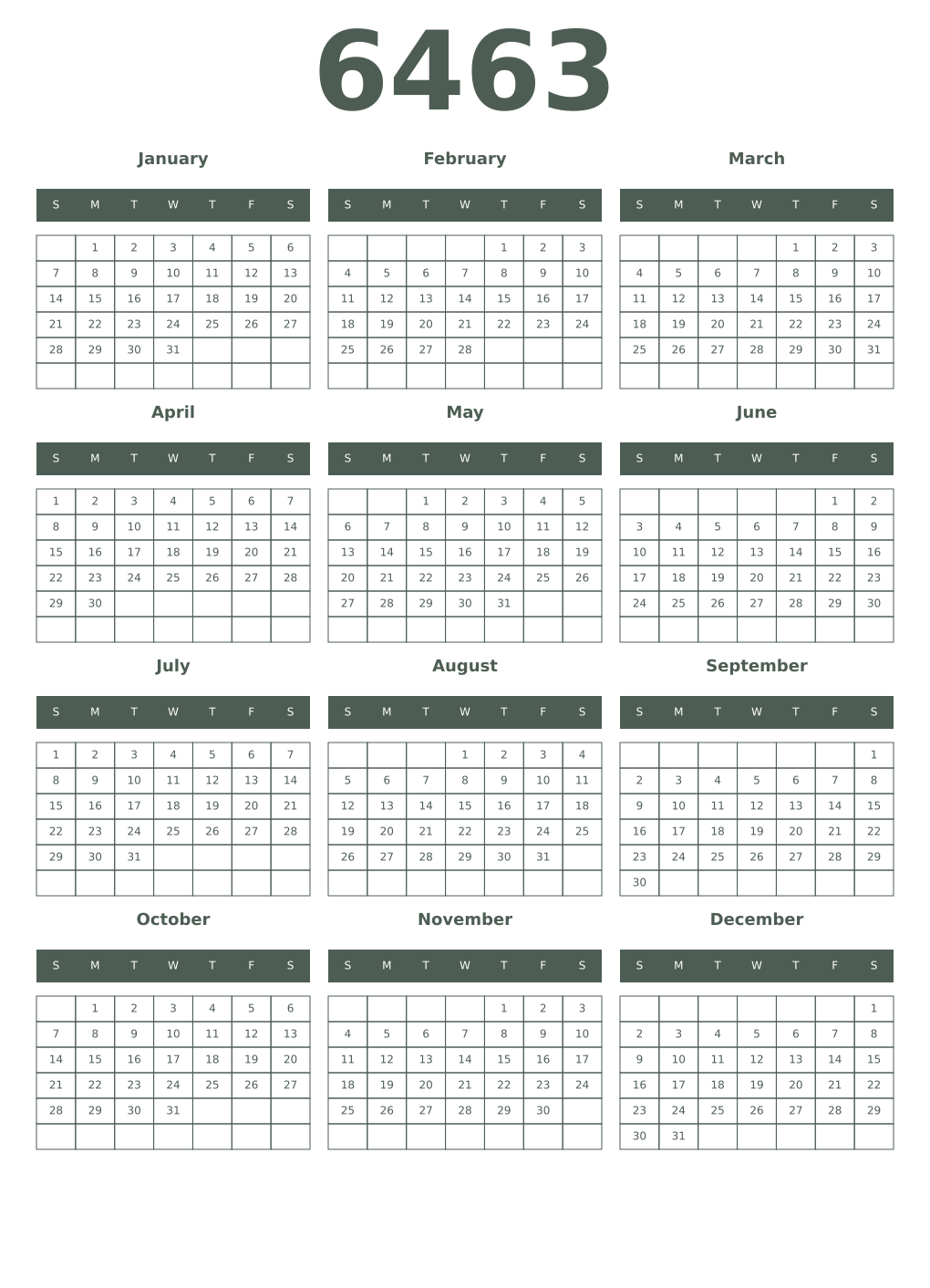 Printable 6463 Year Calendars feldgrau