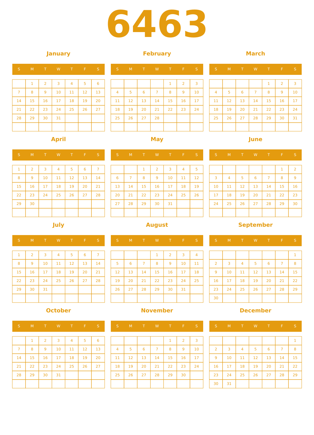 Printable 6463 Year Calendars gamboge