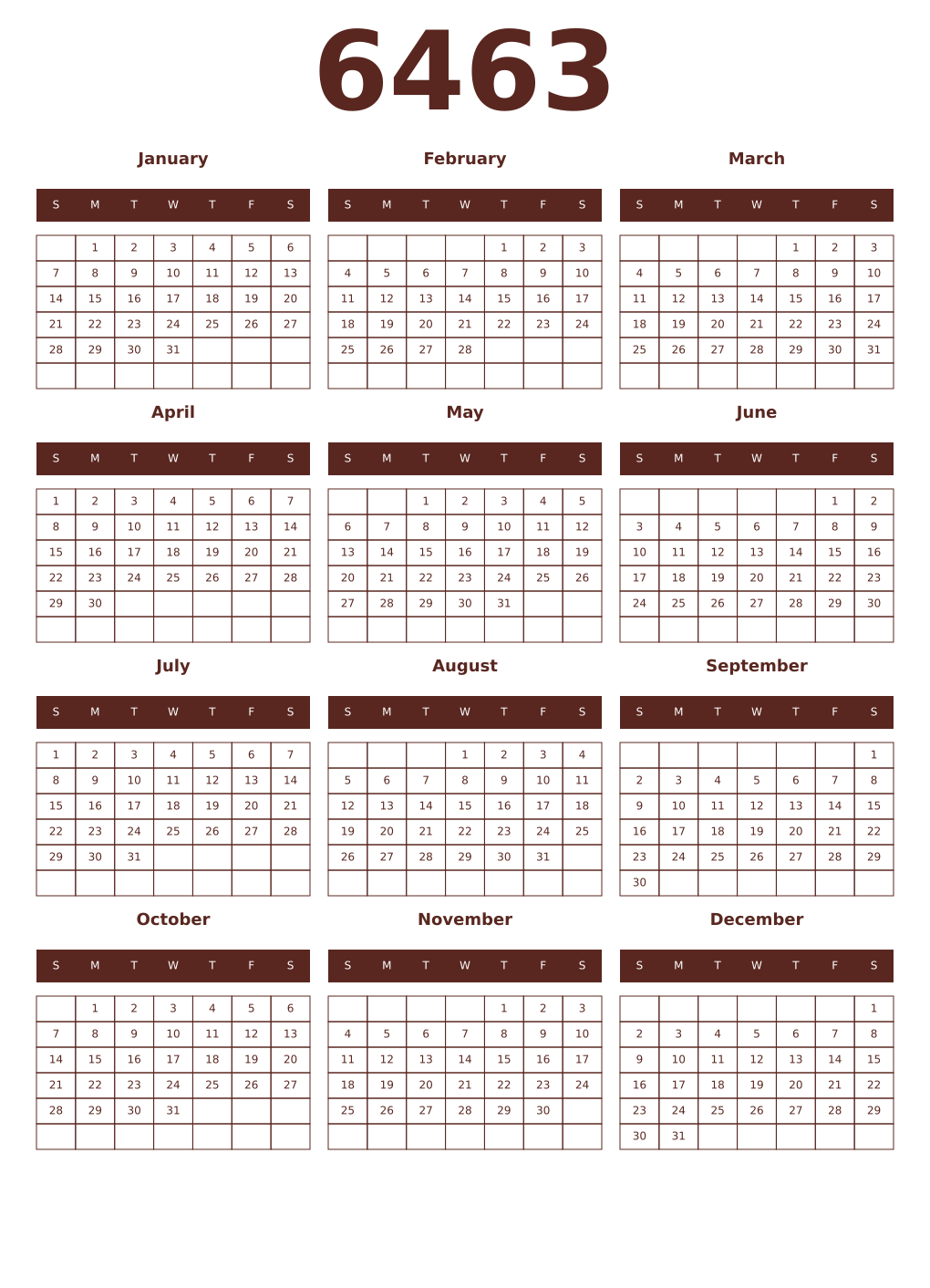 Printable 6463 Year Calendars mortuum