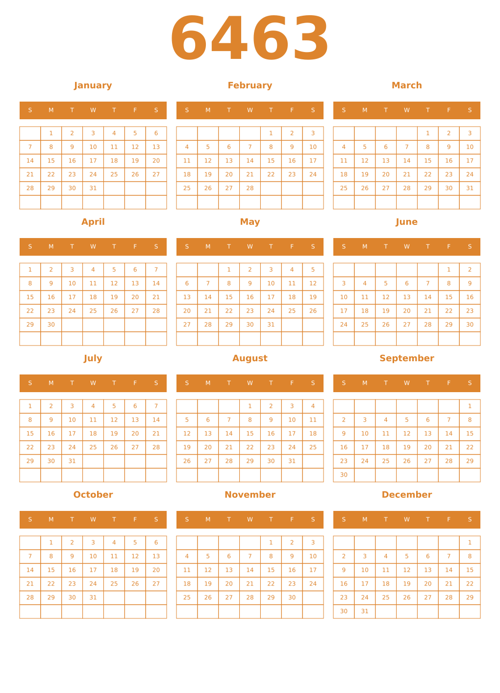 Printable 6463 Year Calendars orange