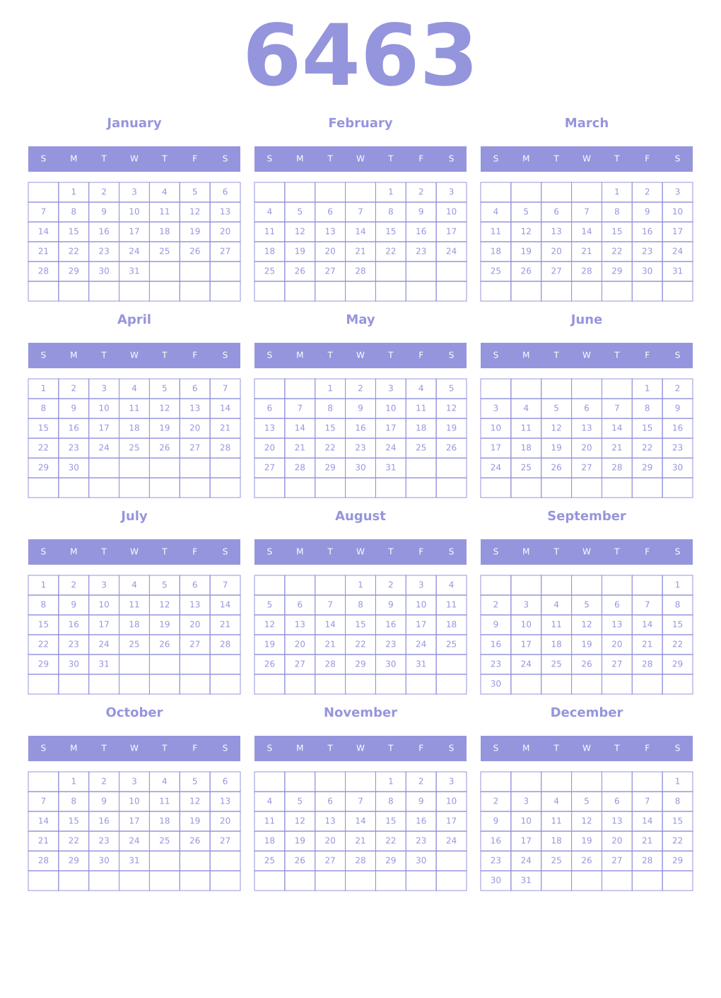 Printable 6463 Year Calendars periwinkle