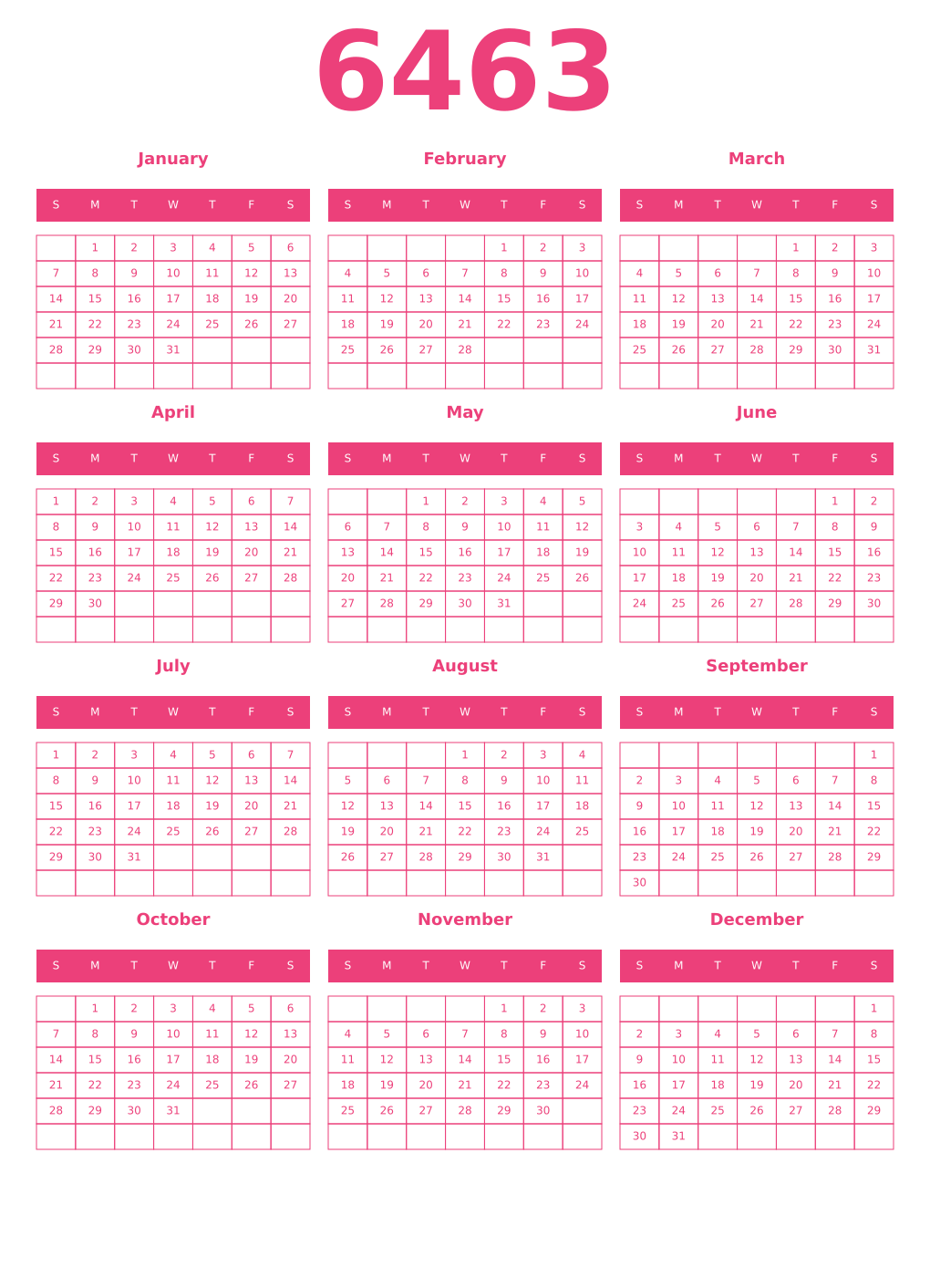 Printable 6463 Year Calendars pink