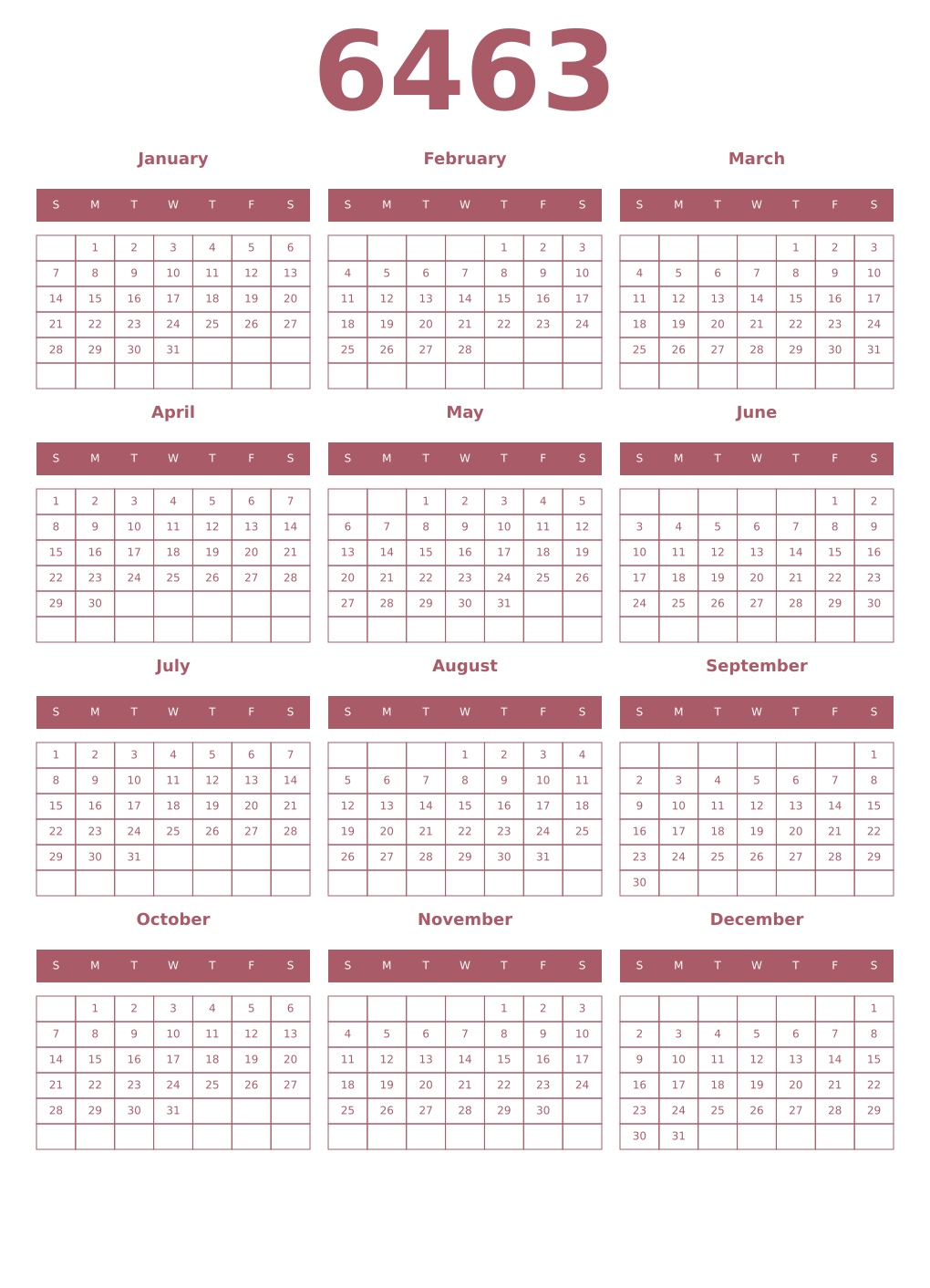 Printable 6463 Year Calendars puce