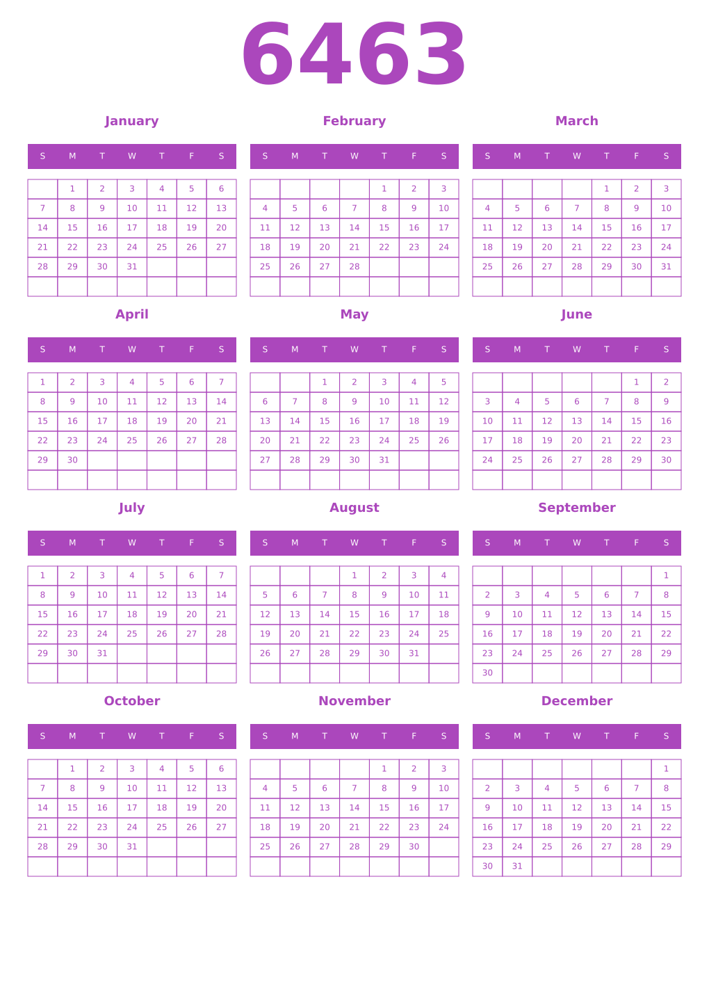 Printable 6463 Year Calendars purple