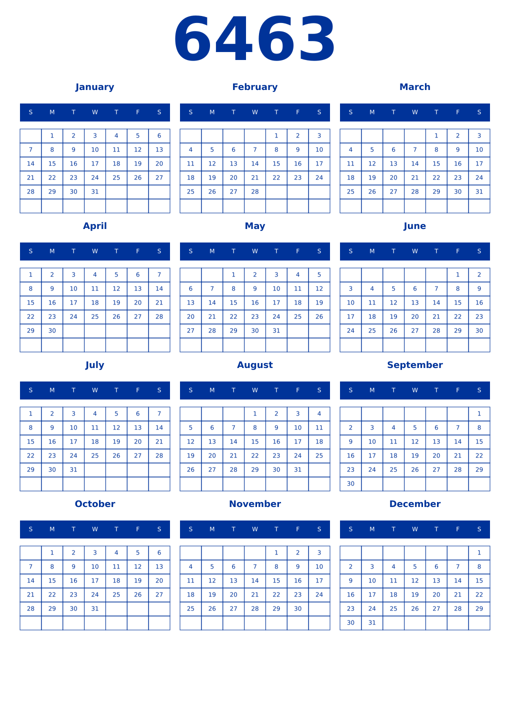 Printable 6463 Year Calendars smalt
