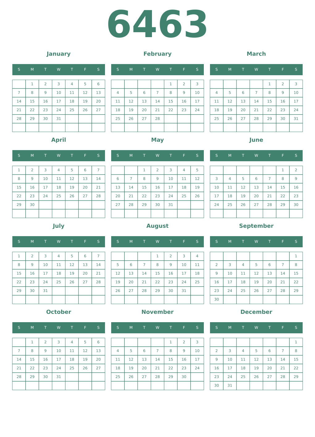 Printable 6463 Year Calendars viridian