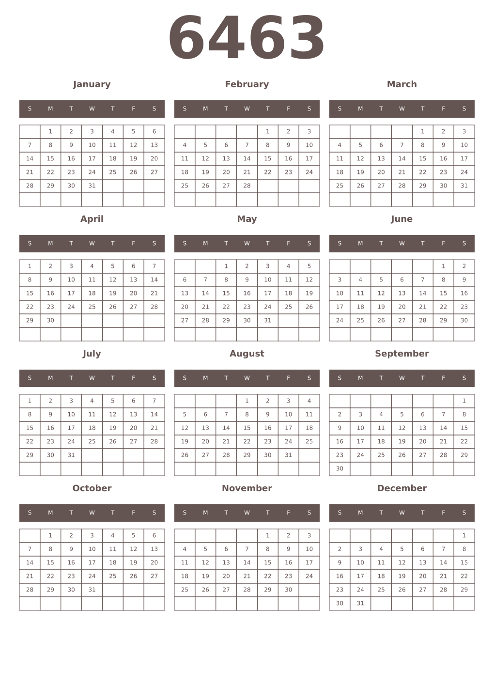 Printable 6463 Year Calendars wenge