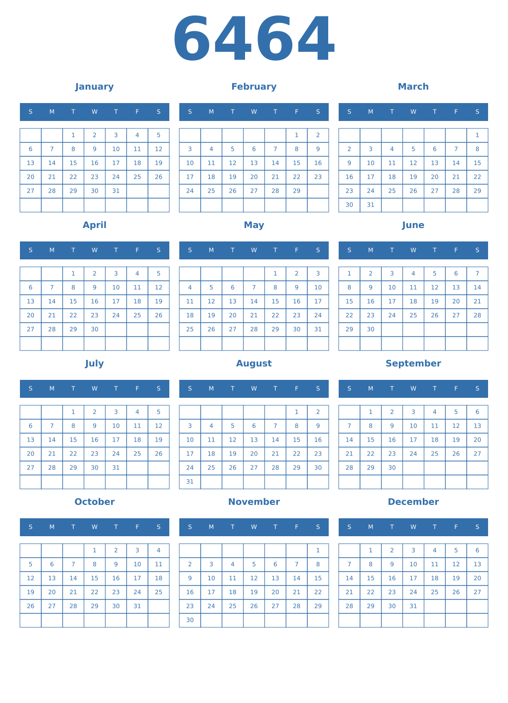 Printable 6464 Year Calendars blue