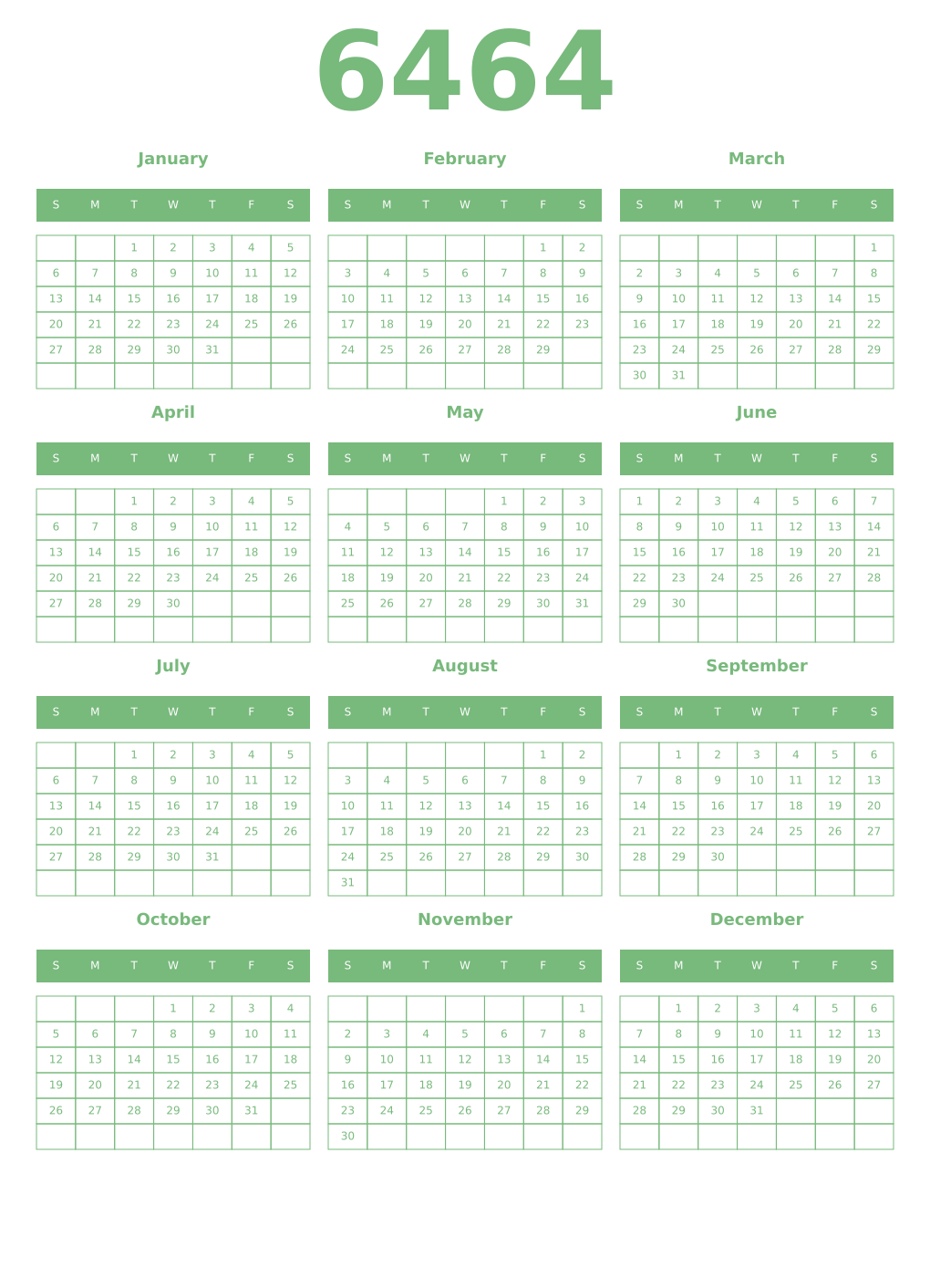 Printable 6464 Year Calendars celadon