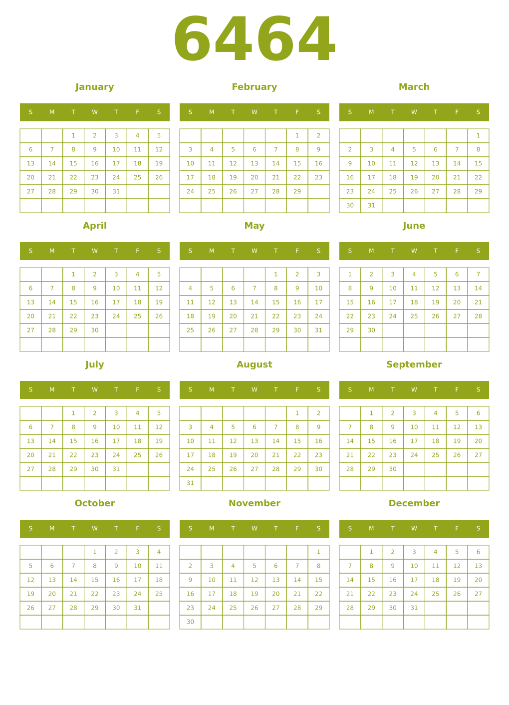 Printable 6464 Year Calendars chartreuse
