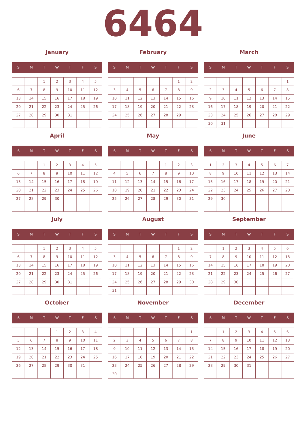 Printable 6464 Year Calendars cordovan