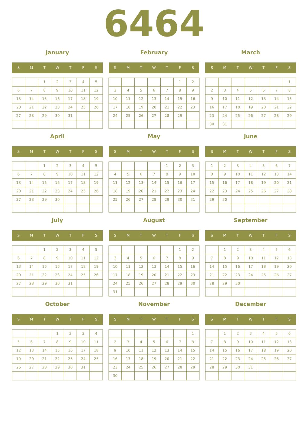 Printable 6464 Year Calendars eburnean