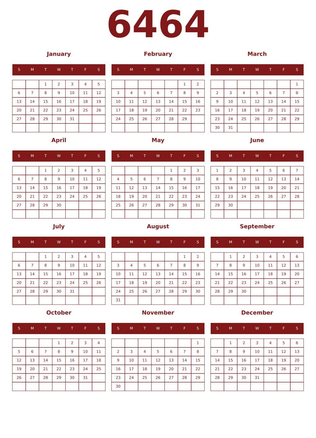 Printable 6464 Year Calendars falu