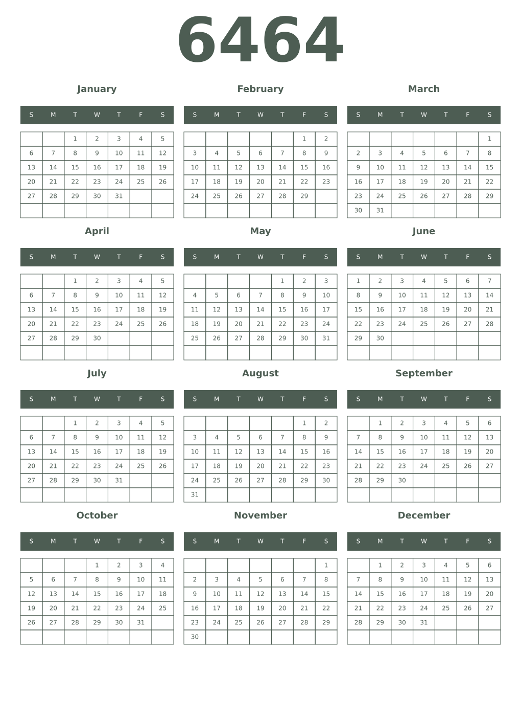 Printable 6464 Year Calendars feldgrau