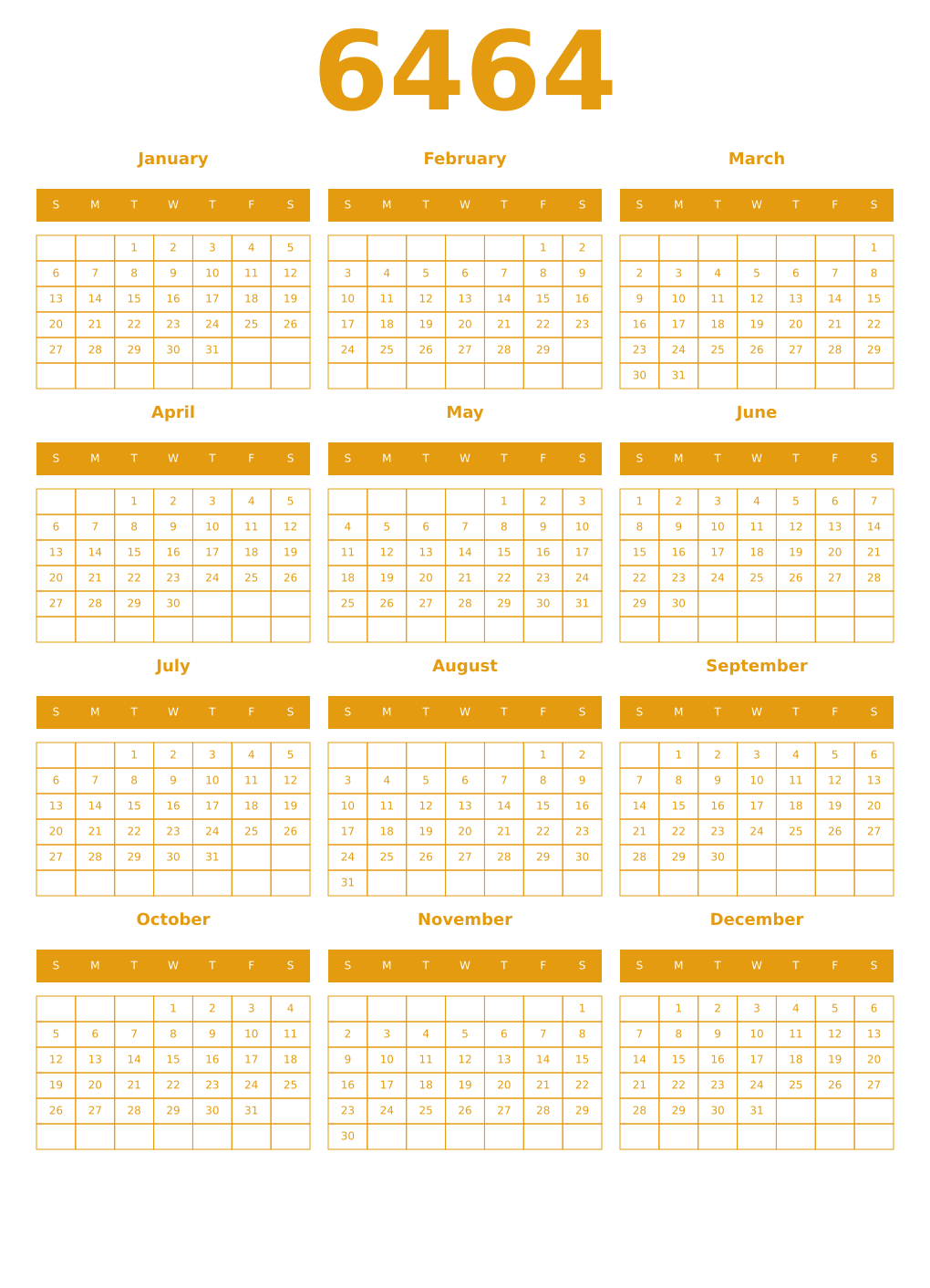 Printable 6464 Year Calendars gamboge