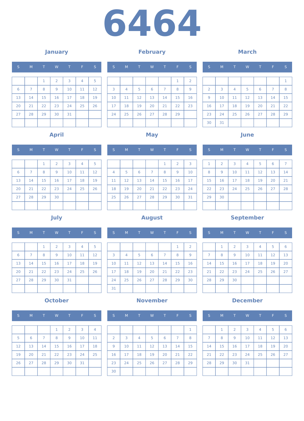 Printable 6464 Year Calendars glaucous